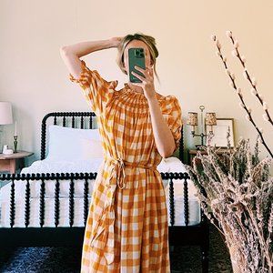 NWOT DÔEN Yellow Plaid Print Midi Length Dress Size XS
